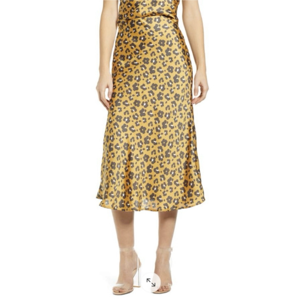 4 Sienna Leopard Print Midi Skirt Gold Brown Satin Small